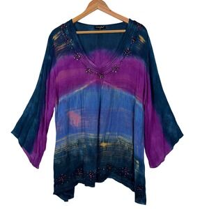 Tie Dye Boho Tunic Top XXL Blue Purple Sequin Embroidery Rayon by Greater Good
